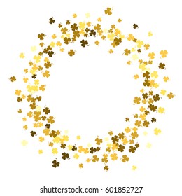 Round gold frame or border of random scatter clover leaves with tails. Elegant St. Patricks day design for festive banner, greeting card, postcard, invitation, flyer, poster. Vector illustration.