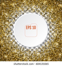 Round gold frame or border of random scatter 3d golden stars on transparent background. Design element for festive banner, birthday and greeting card, postcard, wedding invitation. Vector