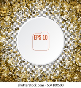 Round gold frame or border of random scatter 3d golden stars on transparent background. Design element for festive banner, birthday and greeting card, postcard, wedding invitation. Vector