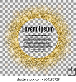 Round gold frame or border of random scatter golden stars on transparent background. Design element for festive banner, birthday and greeting card, postcard, wedding invitation. Vector