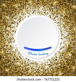 Round gold frame or border of random scatter golden stars on white background. Design element for festive banner, birthday and greeting card, postcard, wedding invitation. Winter loading