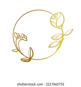 Round gold frame with borders decorated with hand-painted delicate flowers Flower frame. Vector illustration