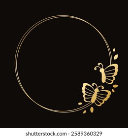 Round gold frame with butterflies silhouette vector illustration. Abstract golden border for spring summer elegant design elements