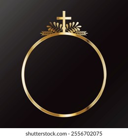 Round gold frame with Christian cross and plant leaves