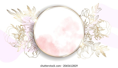 Round Gold Frame With Cotton Flowers. Beautiful Illustration With Watercolor Stains. Abstract Bright Wallpaper. Template Design. Botanical Cotton Vector Illustration.