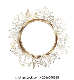Round gold frame with cotton flowers. Beautiful illustration with golden leaves and branches. Abstract bright wallpaper. Template design. Botanical cotton vector illustration.