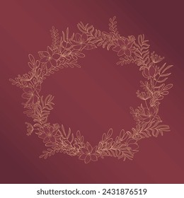 Round gold frame with floral pattern on burgundy background.