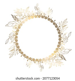 Round gold frame with flowers and berries. Beautiful illustration on an isolated white background. Design template with circular ornament. Floral vector illustration.