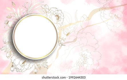 Round gold frame with flowers and place for text. Beautiful illustration with watercolor stains. Abstract bright wallpaper. Floral gold vector illustration.