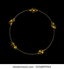 Round gold frame with honeycombs. Frame for your text. Round gold frame isolated on black background. Vector illustration.