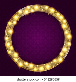 round gold frame with lights on a dark background. Vectoe illustration