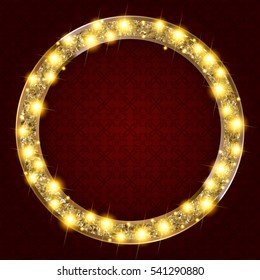 round gold frame with lights on a dark background. Vectoe illustration