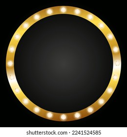 Round gold frame with luminous crystals on a black gradient. Vector illustration