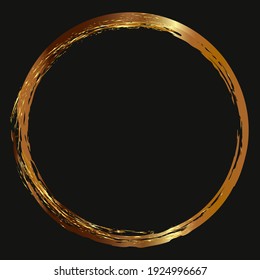 Round gold frame on a black background. Drawn textured borders for graphic design or decoration. Gold border.