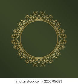 A round gold frame on a green background. A delicate floral pattern in your design. A luxurious ornament to decorate invitations, photos, mirrors.	