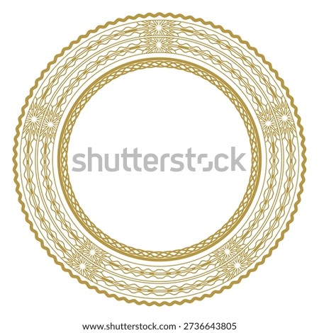 A round gold frame with an openwork five-pointed ornament. Design for a decorative plate, wall hanging and more. Vector illustration
