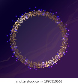 Round gold frame. Gold patterns on a dark background. Glowing sparks and dots. Place for your text.Vector illustration.