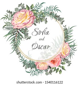 Round gold frame, pink roses, eucalyptus, green plants and leaves. All elements are isolated.
