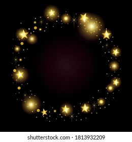Round gold frame of random golden stars on black background. Template design for festive frame, Christmas, holiday or invitation
