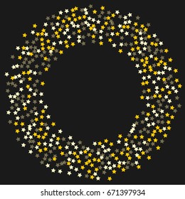 Round gold frame of random scatter of gold stars on a black background. Element of the design of the holiday banner, greeting card, cards, invitations to the wedding. Vector illustration