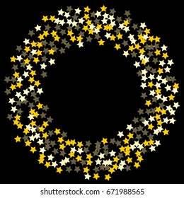 Round gold frame of random scatter of gold stars on a black background. Element of the design of the holiday banner, greeting card, cards, invitations to the wedding. Vector illustration