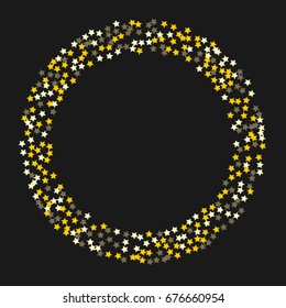 Round gold frame of random scatter of gold stars on a black background. Element of the design of the holiday banner, greeting card, cards, invitations to the wedding. Vector illustration