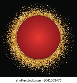 round gold frame with red banner on dark background