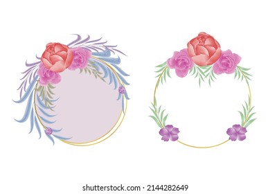 Round gold frame with red peony and pink rose watercolor flowers