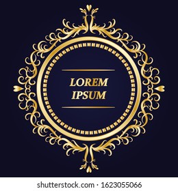  Round gold frame in vintage style on blue background. Luxurious vector pattern. 