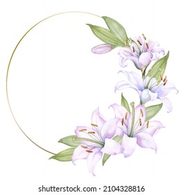 Round gold frame wreath with white and pink lily flowers, watercolor illustration