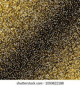 Round gold glitter. Abstract scattered pattern on black background. Dazzling vector illustration.