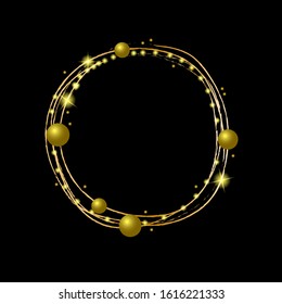 Round gold and glitter frame made of simple elements. Vector illustration on a black background, for the design of invitations, cards, greetings, announcements