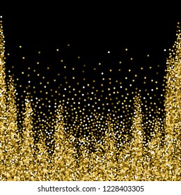 Round gold glitter luxury sparkling confetti. Scattered small gold particles on black background. Adorable festive overlay template. Fancy vector illustration.