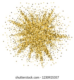 Round gold glitter luxury sparkling confetti. Scattered small gold particles on white background. Actual festive overlay template. Popular vector illustration.
