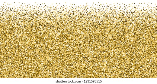 Round gold glitter luxury sparkling confetti. Scattered small gold particles on white background. Brilliant festive overlay template. Shapely vector illustration.
