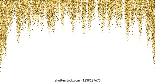Round gold glitter luxury sparkling confetti. Scattered small gold particles on white background. Beauteous festive overlay template. Bizarre vector illustration.