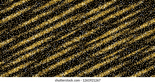 Round gold glitter luxury sparkling confetti. Scattered small gold particles on black background. Bizarre festive overlay template. Alluring vector illustration.