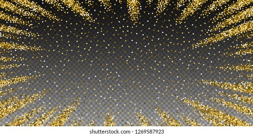 Round gold glitter luxury sparkling confetti. Scattered small gold particles on transparent background. Charming festive overlay template. Ecstatic vector illustration.