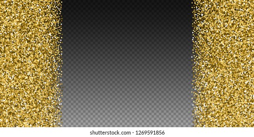 Round gold glitter luxury sparkling confetti. Scattered small gold particles on transparent background. Astonishing festive overlay template. Exotic vector illustration.