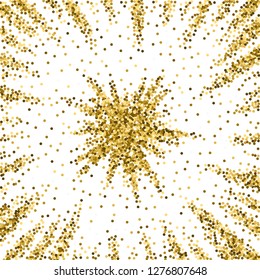 Round gold glitter luxury sparkling confetti. Scattered small gold particles on white background. Actual festive overlay template. Energetic vector illustration.