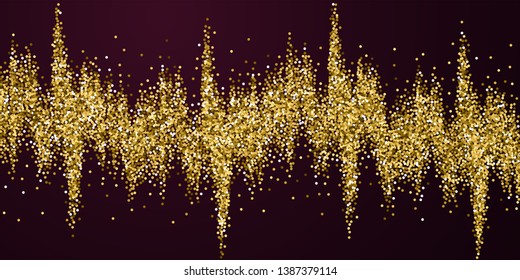 Round gold glitter luxury sparkling confetti. Scattered small gold particles on red maroon background. Beauteous festive overlay template. Impressive vector illustration.