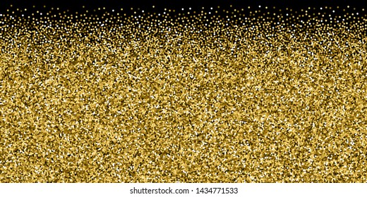 Round gold glitter luxury sparkling confetti. Scattered small gold particles on black background. Brilliant festive overlay template. Ravishing vector illustration.