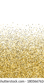 Round gold glitter luxury sparkling confetti. Scattered small gold particles on white background. Energetic festive overlay template. Creative vector background.