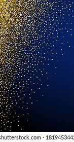 Round gold glitter luxury sparkling confetti. Scattered small gold particles on dark blue background. Ecstatic festive overlay template. Pretty vector background.