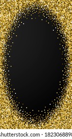 Round gold glitter luxury sparkling confetti. Scattered small gold particles on black background. Dramatic festive overlay template. Resplendent vector background.