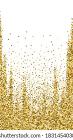 Round gold glitter luxury sparkling confetti. Scattered small gold particles on white background. Emotional festive overlay template. Bold vector background.
