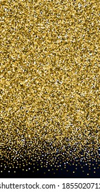 Round gold glitter luxury sparkling confetti. Scattered small gold particles on dark blue background. Energetic festive overlay template. Optimal vector background.