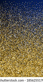 Round gold glitter luxury sparkling confetti. Scattered small gold particles on dark blue background. Excellent festive overlay template. Creative vector background.