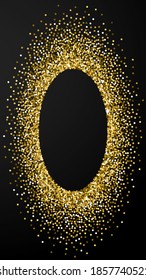 Round gold glitter luxury sparkling confetti. Scattered small gold particles on black background. Ecstatic festive overlay template. Authentic vector background.