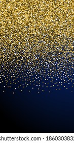 Round gold glitter luxury sparkling confetti. Scattered small gold particles on dark blue background. Energetic festive overlay template. Unique vector background.